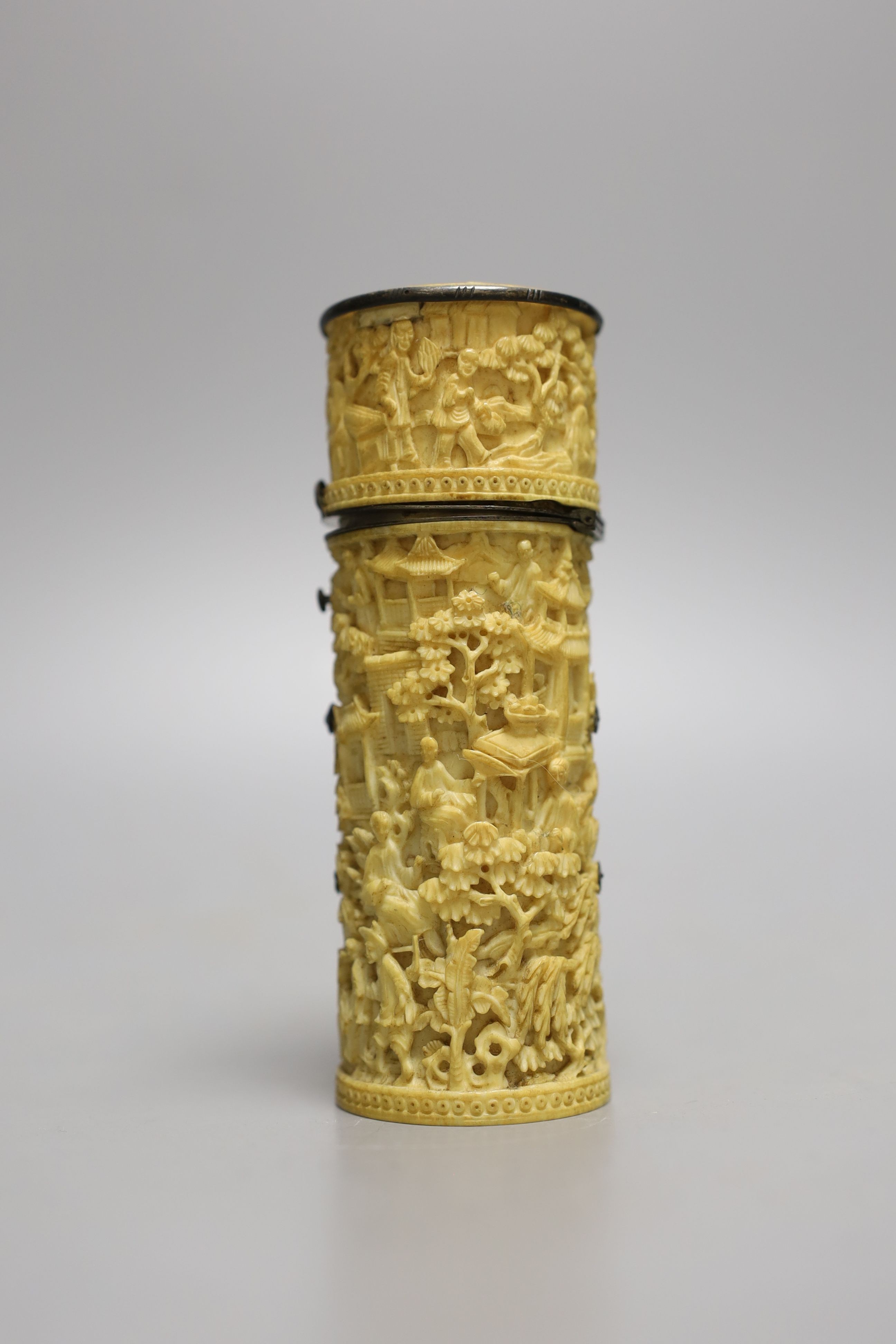 A 19th century carved Cantonese export ivory case and mother-of-pearl games counters - 12.5cm tall